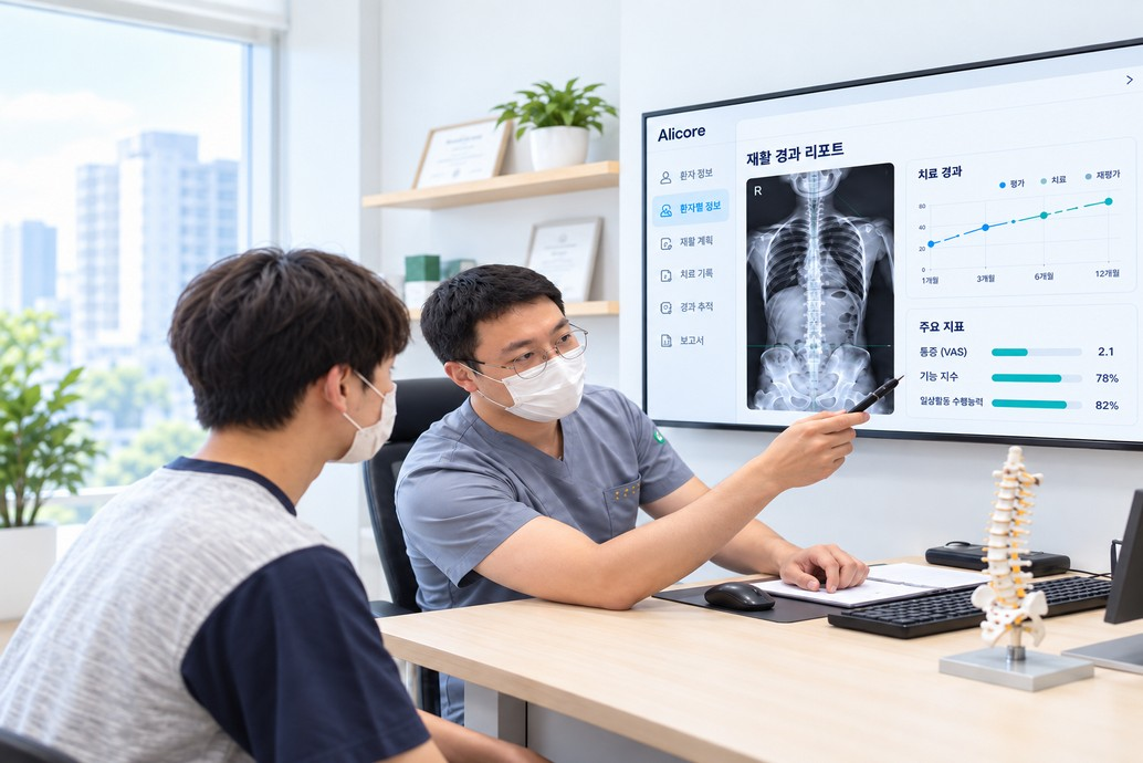 진료실에서 재활 경과 리포트를 설명하는 의료진