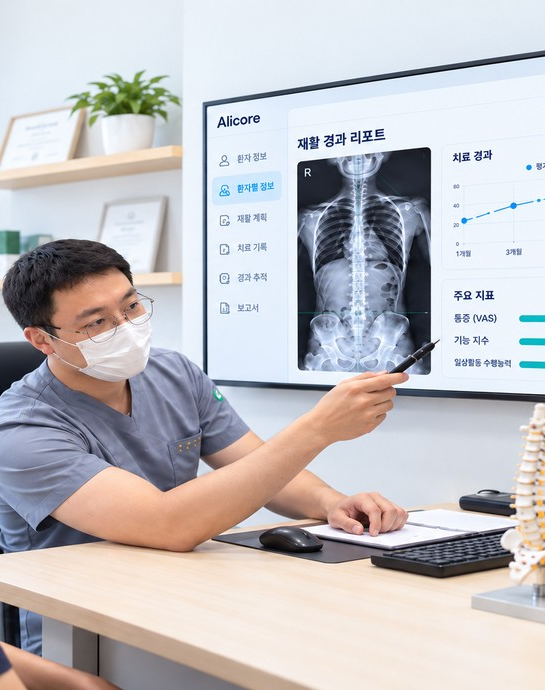 X-ray 리포트 화면을 가리키며 설명하는 정형외과 의사